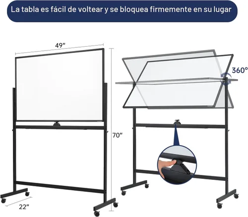 Miniatura 2 de TSJ OFFICE Pizarra blanca rodante grande – Borrado en seco magnético 48 x 32 pulgadas, pizarra blanca de ajuste de altura de doble cara, caballete