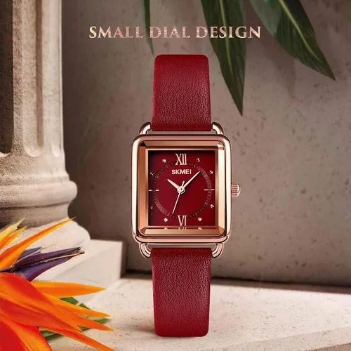 Miniatura 2 de SKMEI Reloj de mujer, elegante reloj de pulsera rectangular de cuero para damas, reloj analógico de cuarzo impermeable para mujer, Rojo-d