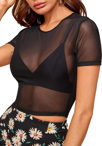 Miniatura 4 de SheIn Camisetas de manga corta para mujer, sexy, de malla transparente