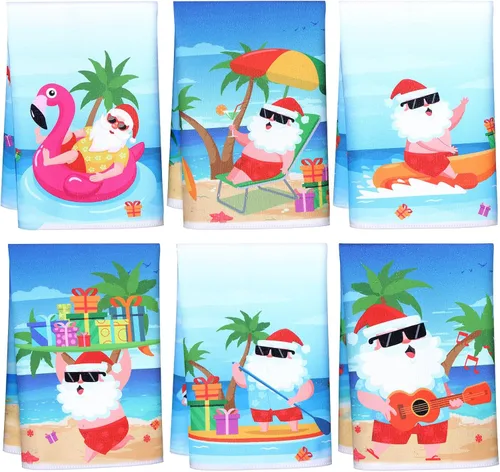 Geyoga 6 Pcs Christmas in July Kitchen Towels Decor 16 x 24 Inch Absorbent Summer Christmas Dish Towels Beach Xmas Santa Hand Tea Cloths for Holiday
