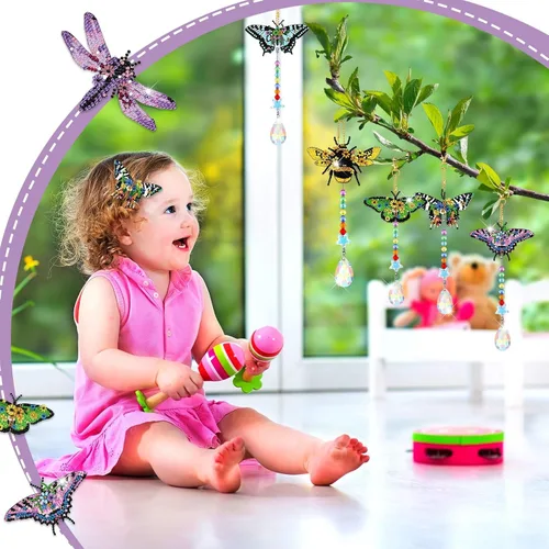 Miniatura 6 de Tradder 6 carillones de viento con diseño de mariposa y diamantes para decoración de árbol de verano, kit de arte de diamantes con colgante
