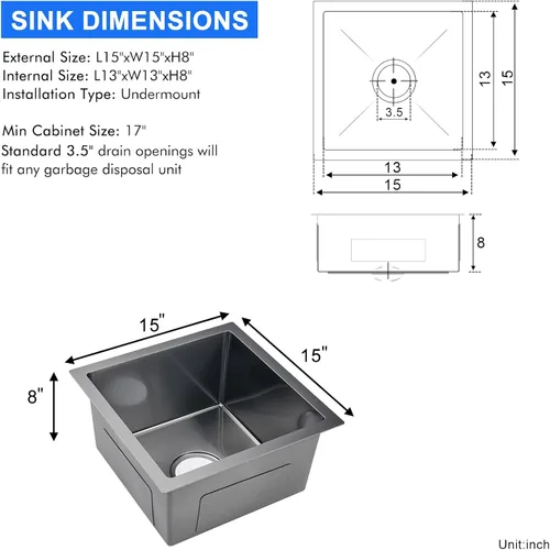 Miniatura 3 de Undermout - Fregadero de cocina negro de 15 x 15 pulgadas, acero inoxidable 304 hecho a mano, tazón individual pequeño, barra de cocina o fregadero