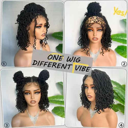 Miniatura 6 de SOKU Peluca de Encaje Frontal con Locs Falsos Cortos y Rizados de 12 Pulgadas Negro Natural 4x4 Espacio de Separación Grande Pelucas de Rastas