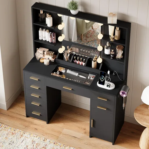 Miniatura 2 de ELYKEN Tocador Moderno con Espejo y Luces, Mesa de Maquillaje con Tablero de Vidrio y Enchufe Eléctrico, Tocador con 6 Estantes de Almacenamiento, 8