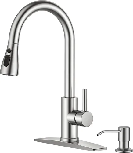 Miniatura 9 de FORIOUS Grifos de cocina con rociador desplegable, goma aceitada marrón, arco alto, mango único clásico, grifo de fregadero de acero inoxidable de 1