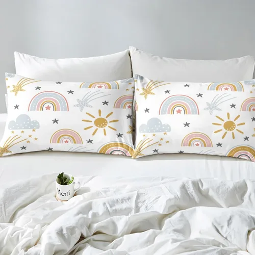 Miniatura 8 de Erosebridal Sábana bajera ajustable de arcoíris para niñas, diseño de sol y estrellas, tamaño matrimonial para niños y niños, juego de ropa de cama