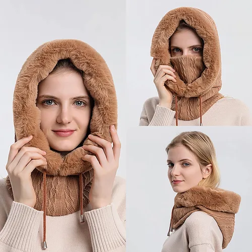 Miniatura 7 de Gorro de forro polar holgado de una pieza para mujer, bufanda con capucha, pasamontañas, cálido invierno, resistente al viento, con cordón