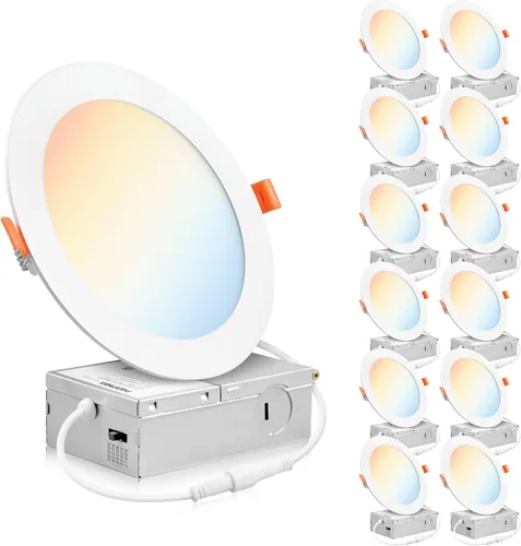 PARMIDA - Paquete de 12 luces LED empotrables de 6 pulgadas regulables 5CCT ultrafina con caja de conexiones, 5 colores seleccionables