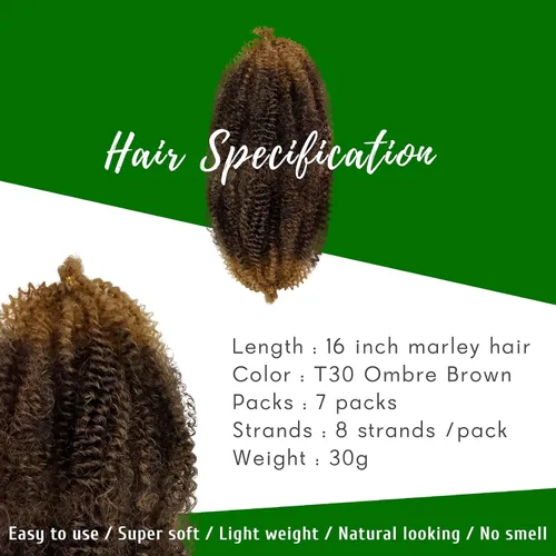 Miniatura 2 de Marley Twist - Cabello trenzado de 16 pulgadas, cabello afro trenzado elástico, paquete de 7 paquetes, cabello rizado rizado ombré, marrón Marrón
