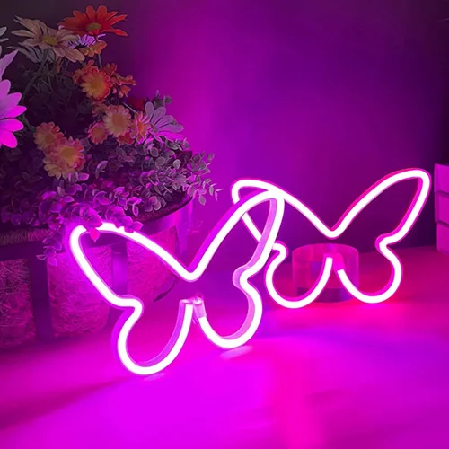 2 Piezas de Letrero de Neón de Mariposa, Luz LED para Decoración de Pared en Dormitorio, Luz Nocturna Alimentada por USB/Batería para Habitación de