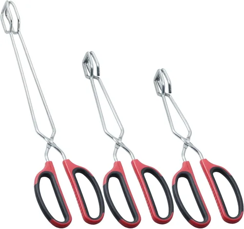 HINMAY Juego de pinzas de tijera de cocina de acero inoxidable para cocinar, asar y servir, 3 piezas con mango rojo (10/12/16 pulgadas)