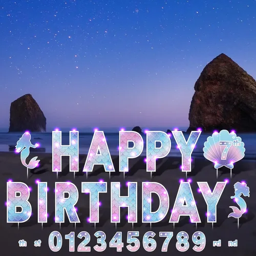 Miniatura 8 de Yerliker 16 piezas de carteles de feliz cumpleaños para patio con estacas, luces LED de 32.8 pies, 42 piezas de adhesivos numéricos, carteles
