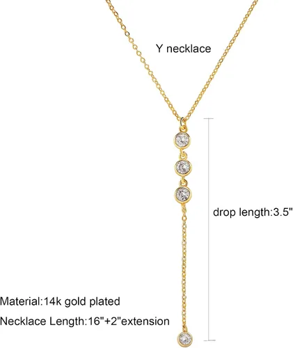 Miniatura 6 de Tewiky Lariat Collar para mujer, delicados collares largos chapados en oro de 14 quilates, corazón y perlas de circonita cúbica, collar con colgante
