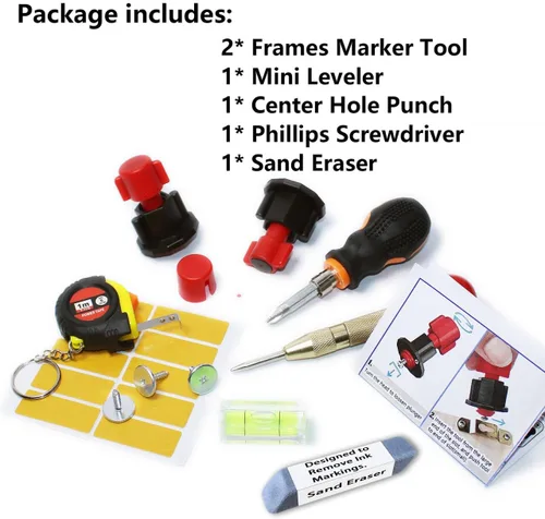 Miniatura 6 de DIKOO - Kit de Marcado y Nivelación para Colgar Cuadros y Murales - con Mini Nivel de Burbuja Usado para Marcar Agujeros de Clavo, Marcos, etc. Set