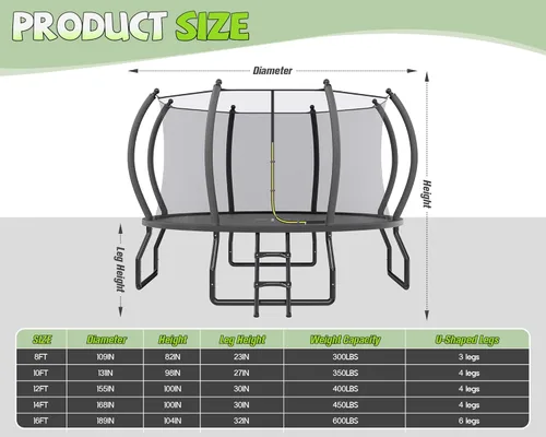 Miniatura 2 de YUMPIE - Trampolín de 8 pies, 10 pies, 12 pies, 14 pies, 15 pies, 16 pies, para exteriores, con red de seguridad y escalera, trampolines recreativos