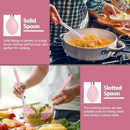 Miniatura 7 de P&P CHEF Juego de 4 utensilios de cocina rosados, espátulas sólidas de silicona, cucharas ranuradas para utensilios de cocina antiadherentes
