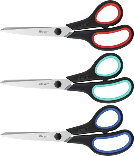 Paquete de 3 tijeras resistentes de 8 pulgadas con cuchillas ultra afiladas y asas de agarre cómodo, para oficina, hogar, escuela, costura y