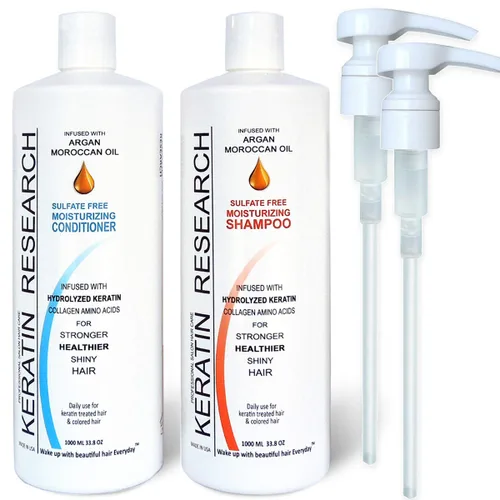 Champú y acondicionador sin sulfato, 2 botellas de 1 litro impregnadas con aceite de argán marroquí, por Keratin Research champú post tratamiento