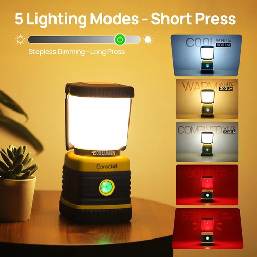 Miniatura 3 de Consciot C02 - Linterna LED para campamento, luces de campamento recargables USB-C, 1500 lm, 5 modos de luz, hasta 100 horas de tiempo