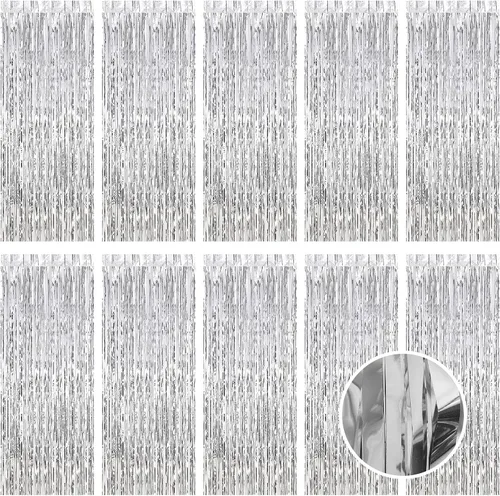 Miniatura 32 de Paquete de 5 cortinas de papel de aluminio negro de 3.2 x 9.8 pies, cortinas de oropel metálico con flecos, telón de fondo para cabina de fotos