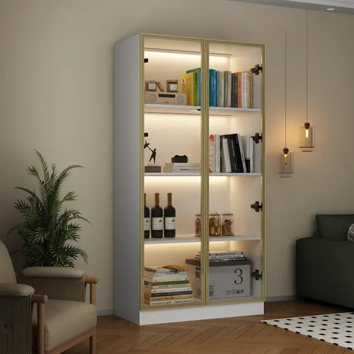 Miniatura 10 de Vitrina con luces, gabinete de vidrio con puertas y estantes de 4 niveles, vitrina para coleccionable, sala de estar, oficina, negro 31.5 pulgadas