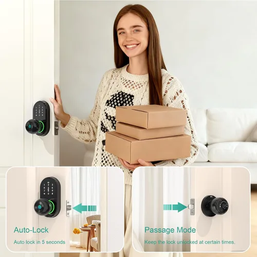 Miniatura 6 de Cerradura inteligente para puerta de entrada sin llave con perilla, cerradura de puerta con teclado y huella dactilar con mango, código electrónico