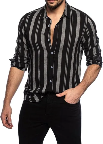 Miniatura 4 de Camisas con botones para hombre, estilo retro, a rayas, con bloques de color, estilo guayabera, estilo cubano, elástica, delgada, de manga larga