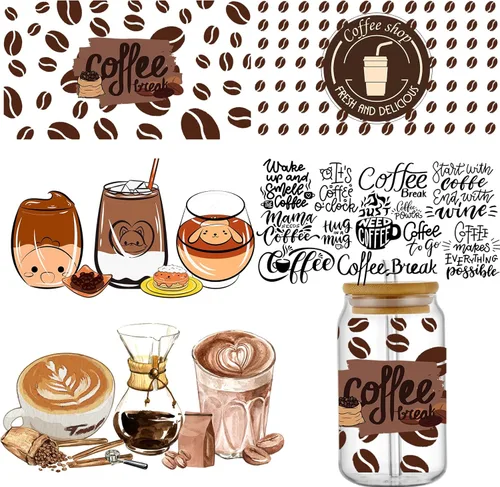 KJMYYXGS Adhesivo de transferencia UV DTF, 5 hojas de café frotado en transferencias para tazas de vidrio de 16 onzas y calcomanías decorativas para