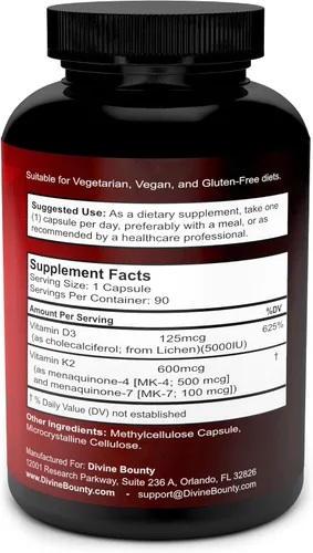 Miniatura 2 de Divine Bounty Vitamina K2 (MK7 y MK4) con suplemento D3 – Vitamina K y D como MK-7 100mcg, MK-4 500mcg y 5000 UI de vitamina D3 3 en 1 fórmula