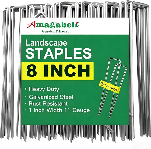 AMAGABELI GARDEN & HOME Paquete de 300 grapas galvanizadas para paisaje, 8 pulgadas, calibre 11, grapas de jardín, estacas de cubierta de plantas,