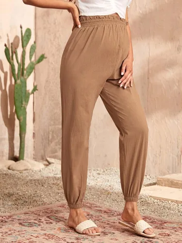 Miniatura 3 de OYOANGLE Pantalones de maternidad para mujer, de cintura alta, color liso, para trabajo, zanahoria, para embarazo, pantalones deportivos