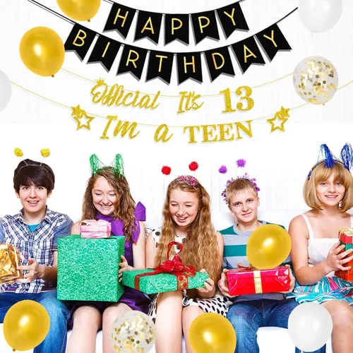Miniatura 4 de Decoraciones de cumpleaños número 13 para niños y niñas, suministros de fiesta de cumpleaños número 13 negro dorado con pancarta colgante en espiral