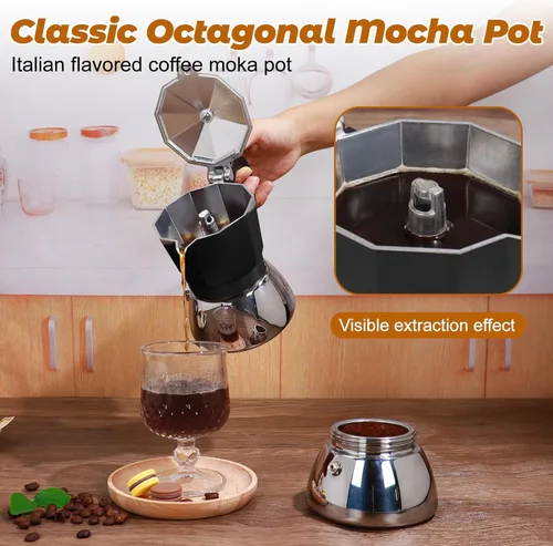 Miniatura 4 de Sin Recubrimiento 4 Tazas Olla de Moka de Aluminio y Acero Inoxidable para Preparar Espresso en Estufa, Cafetera Italiana de 220ml 7.44oz Adecuada