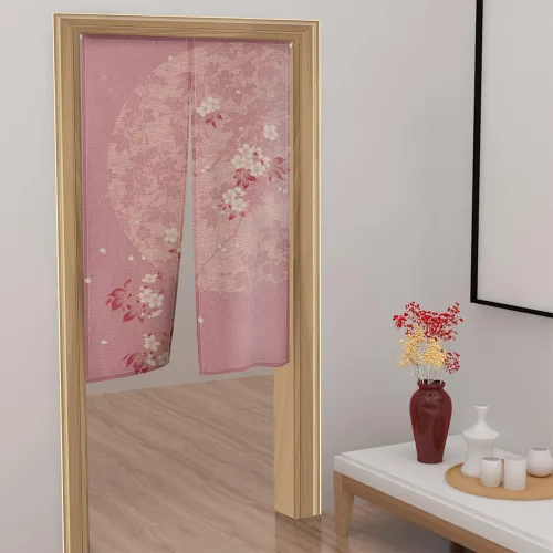 Miniatura 5 de Leowefowa Noren - Cortina de puerta de estilo japonés, estampado de flores rosadas, luna, cortina de puerta, tratamiento de ventana, tapiz