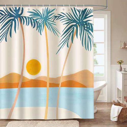 Bonhause Cortina de ducha tropical de playa, cortina de baño bohemia de palmeras hawaianas de mediados de siglo, 72 x 72 pulgadas, tela de poliéster