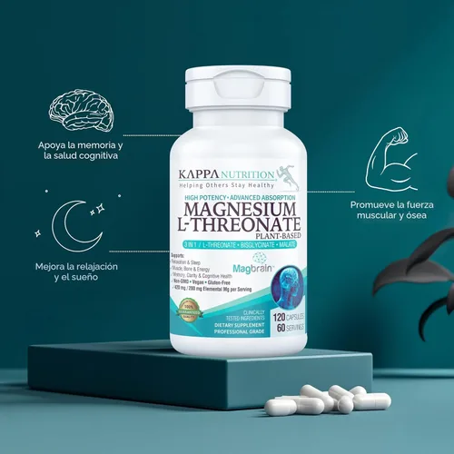 Miniatura 4 de Kappa Nutrition potenciado por Magbrain™ Magnesio L-treonato de origen vegetal, 420 mg de magnesio elemental (3 cápsulas) de 2,253 mg, 120 cápsulas