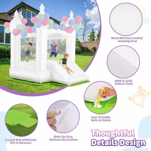 Miniatura 3 de Casa inflable de celebración blanca para niños con soplador UL, portátil, castillo hinchable 3 en 1 de color blanco de ensueño para interiores