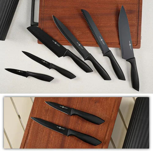Miniatura 6 de Juego de cuchillos de cocina de 8 piezas con bloque universal, cuchillos de chef antioxidantes, diseño ergonómico, apto para lavavajillas (negro)