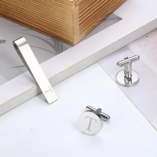Miniatura 51 de LOYALLOOK - Gemelos de acero inoxidable grabados con inicial y clip de corbata, diseño de letras del alfabeto con caja de regalo, A-Z
