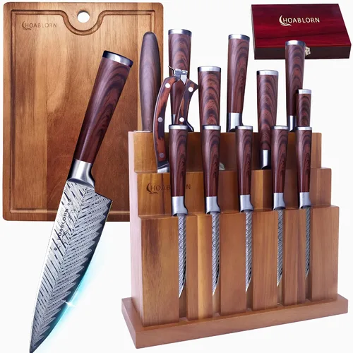 Miniatura 9 de Juego de cuchillos profesionales de acero inoxidable de 15 piezas con bloque de madera, juego de cuchillos de damasco para chefs, familia
