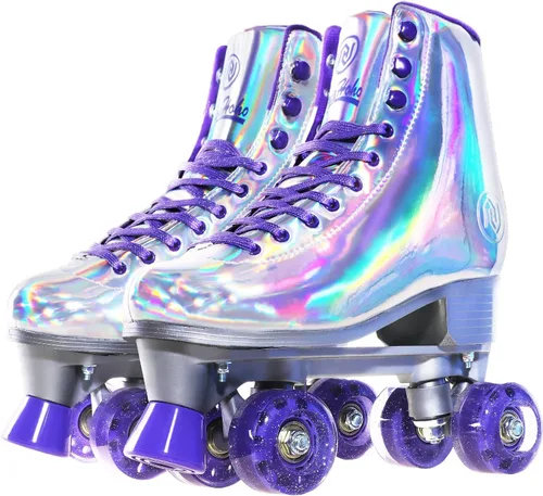 JajaHoho Patines de ruedas para mujeres, piel sintética holográfica de alta calidad, patines brillantes de doble fila de cuatro ruedas para niñas y