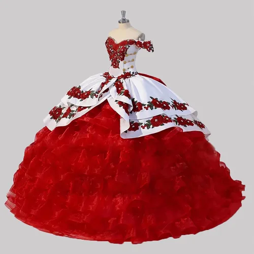 Miniatura 5 de Vingate Floral Flowers Emroidery Vestidos de quinceañera con volantes vestido de baile dulce 16 vestidos de fiesta de graduación