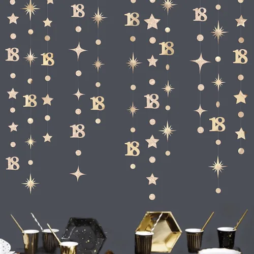 Miniatura 15 de Decoración de cumpleaños número 18 en negro, número 18 con punto circular, guirnalda de estrellas centelleantes, banderines de serpentina metálica