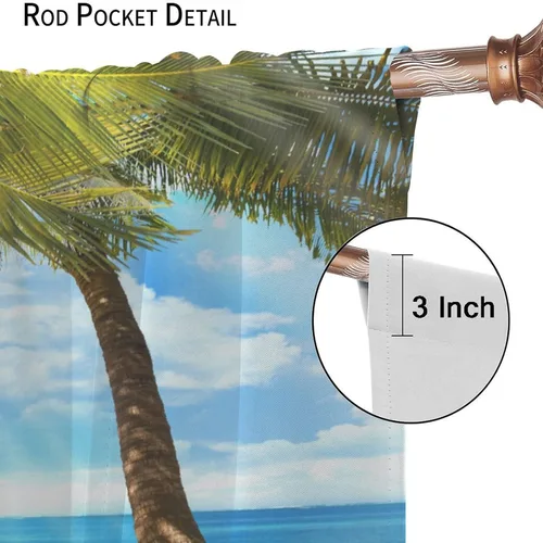 Miniatura 6 de Cortinas de playa con estampado de plantas tropicales y árboles de coco, paisaje natural, con bolsillo para barra, 2 paneles, decoración