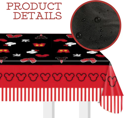 Miniatura 5 de 3 manteles de cumpleaños de ratón para fiestas de 51 x 87 pulgadas, manteles de plástico negro y rojo para niños y niñas, mantel rectangular
