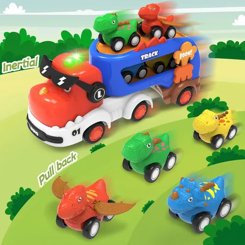 Miniatura 6 de Juguetes de Dinosaurio para Niños 2 3 4 5 6, 5 en 1 Camión de Dinosaurio con 4 Coches de Dino, Luz y Sonido, Juguetes para Niños de 2 a 7 Años