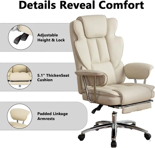 Miniatura 7 de Silla de oficina de piel sintética totalmente reclinable y cómoda silla de oficina grande y alta, 500 libras con reposapiés, ruedas y brazos Beige