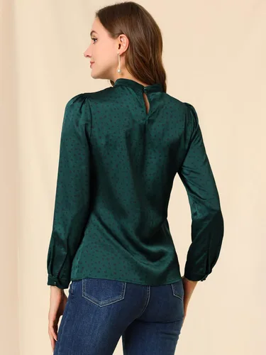 Miniatura 5 de Allegra K Blusa de satén de manga larga abombada con volantes y cuello torcido para mujer