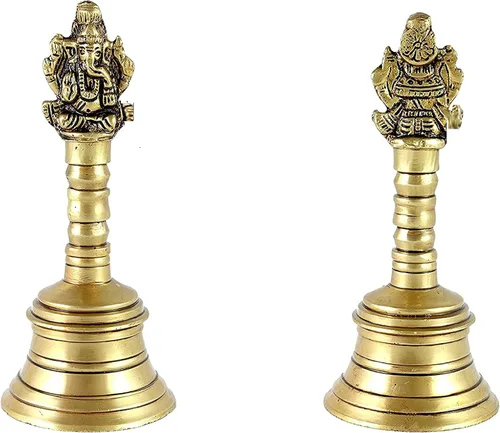 Miniatura 2 de Bell Brass Pooja - Campana de mano Ghanti para Puja Ghanti para casa del templo, campana de latón para Puja, hecha a mano en la India