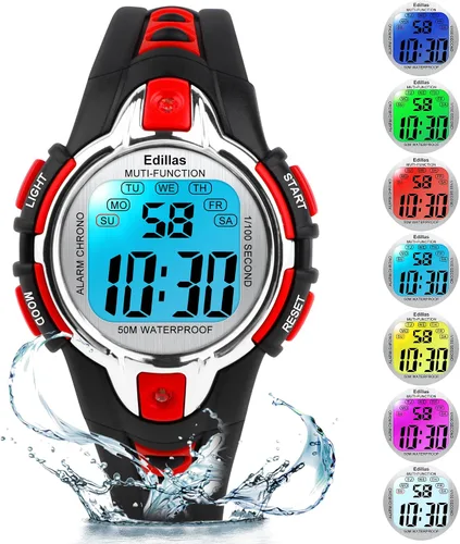 Edillas Relojes digitales para niñas y niños, reloj de pulsera de 7 colores para niños, impermeable, deportivo, al aire libre, multifuncional, con